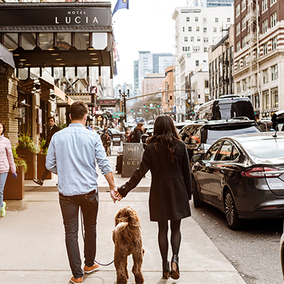 image of a couple in a city, holding hands with their dog walking in between them